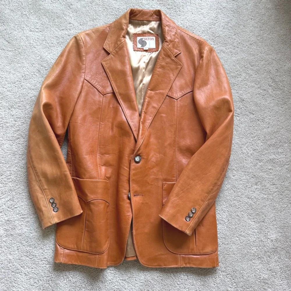 70's Silton California Leather Blazer Jacket Tan Cognac Western Vintage 40